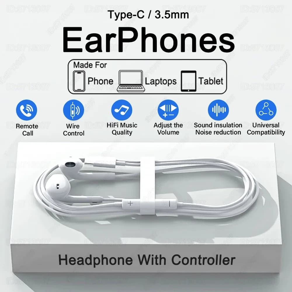 Type C Headphones Wired Earbuds For Xiaomi Redmi Poco Oneplus OPPO Huawei Honor Samsung Earphones 3.5mm Laptops Tablet Headset