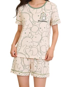 Women's Loose Fit Cartoon Bear Pajamas Set Summer Short Sleeve Gradient Casual Homewear Sleepwear