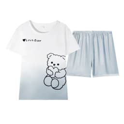 Women's Loose Fit Cartoon Bear Pajamas Set Summer Short Sleeve Gradient Casual Homewear Sleepwear