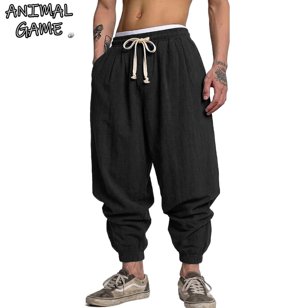 Korean Cotton Linen Trousers Autumn Men's Gym Man Casual Baggy Pants Harem Pants Spring Loose Drawstring Work Short Pants