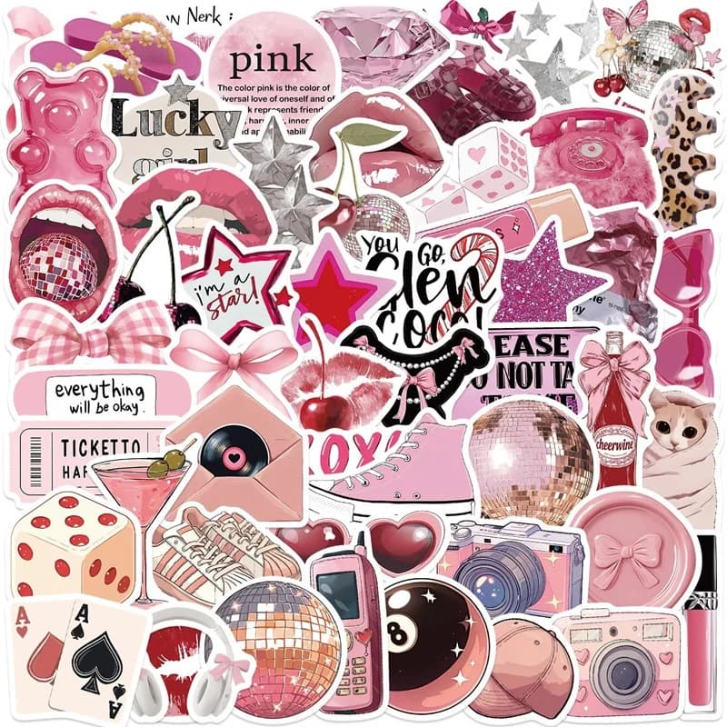 10/30/50PCS Pink Down Town Girl Sticky PVC Sticker Aesthetic DIY Decoration Scrapbooking Hand Accounting Supplies