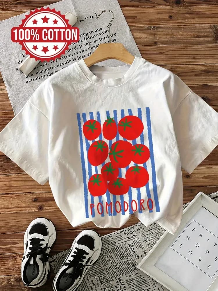 Comfortable and fresh style tomato stripe print summer casual round neck pure cotton fashionable T-shirt top
