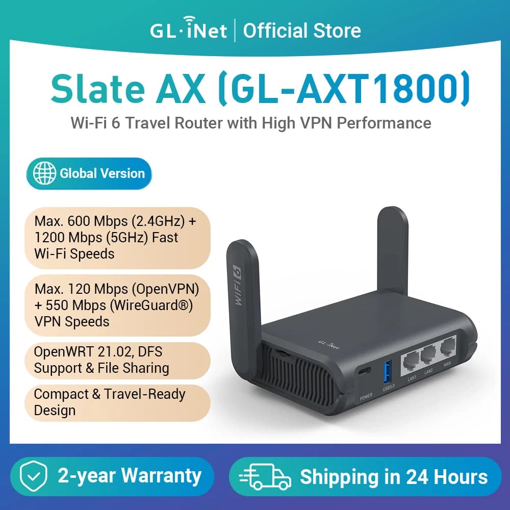 GL.iNet GL-AXT1800 (Slate AX) Wi-Fi 6 Gigabit Travel Router,Client&Server, OpenWrt, Adguard Home,  Parental Control