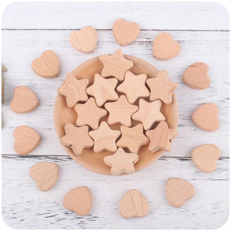 5/10Pcs Beech Wooden Beads Heart Star Shape Loose Beads Baby Teether ChewableTeething Bead for Handmade Pacifier Chain