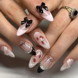 24Pc False Nails with Glue Almond Black Red Gradient Design Detachable Rhinestone Acrylic Fake Nail Long Stiletto Press on Nails