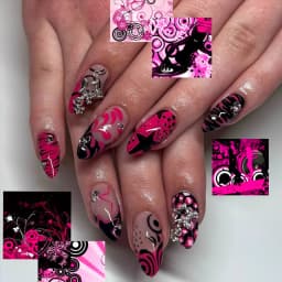 24Pc False Nails with Glue Almond Black Red Gradient Design Detachable Rhinestone Acrylic Fake Nail Long Stiletto Press on Nails