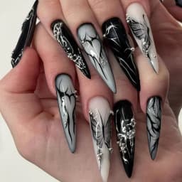 24Pc False Nails with Glue Almond Black Red Gradient Design Detachable Rhinestone Acrylic Fake Nail Long Stiletto Press on Nails