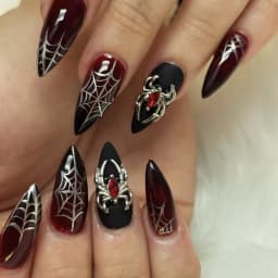 24Pc False Nails with Glue Almond Black Red Gradient Design Detachable Rhinestone Acrylic Fake Nail Long Stiletto Press on Nails