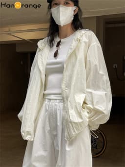 HanOrange Quick-Dry Hooded Zipper Windbreaker Women 2026 Loose Thin Light Transparent Sunscreen Jacket Outdoor Commuting