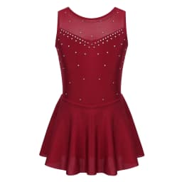 Kids Girls Mesh Splice Rhinestone Figure Ice Skating Dress Ballet Dance Stage Performance Dance Costumes