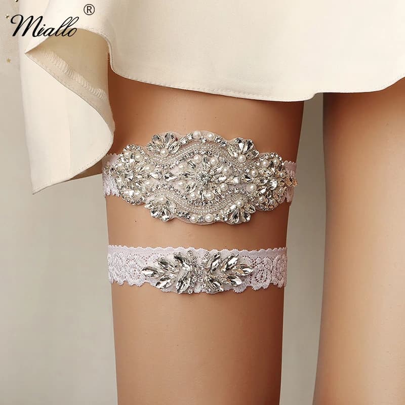 Miallo Bride Sexy Lace Flower Rhinestones Pearls Wedding Garter Belt Bridal Thigh Leg Garter Ring For Women
