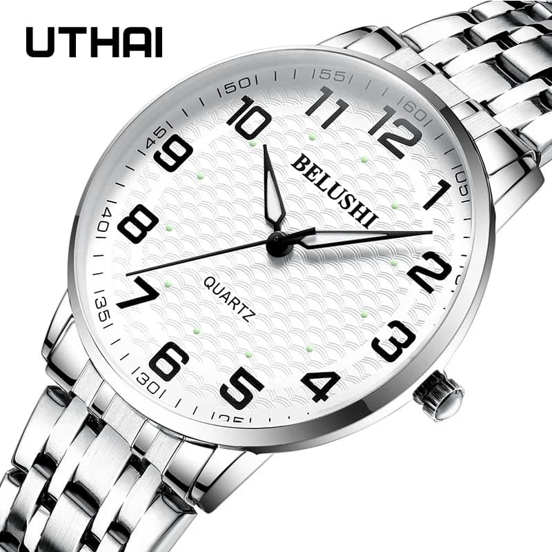 Elderly Watches Waterproof Big Number 41mm Dial Light Luxury Gold Steel Watch Men's Fashion Quartz Wristwatches Clock UTHAI H10