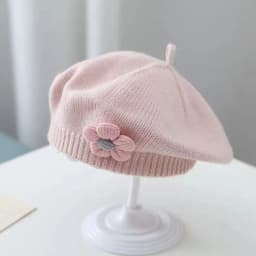 Flower Baby Beret Hat Winter Warm Knitted Beanie Cap For Infant Girls Korean Toddler Princess Artist Solid Color Painter Caps