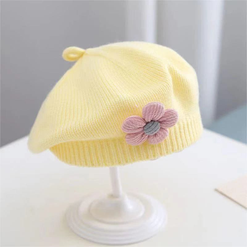 Flower Baby Beret Hat Winter Warm Knitted Beanie Cap For Infant Girls Korean Toddler Princess Artist Solid Color Painter Caps