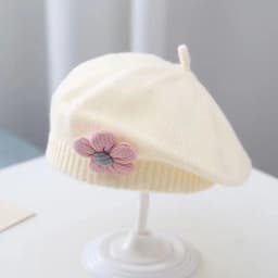 Flower Baby Beret Hat Winter Warm Knitted Beanie Cap For Infant Girls Korean Toddler Princess Artist Solid Color Painter Caps