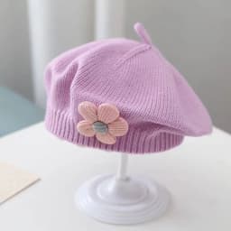 Flower Baby Beret Hat Winter Warm Knitted Beanie Cap For Infant Girls Korean Toddler Princess Artist Solid Color Painter Caps