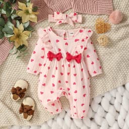 Baby Girl's All Seasons Long Sleeve Print Floral With Bow Daily Jumpsuit For Newborn-6M Clothes +Headband
