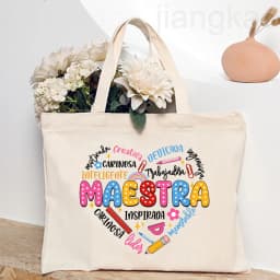 Maestra Spanish Heart Print Tote Bag Women Shoulder Bag Teacher Life Shopping Bag Teacher's Day Back To School Gift for Teachers