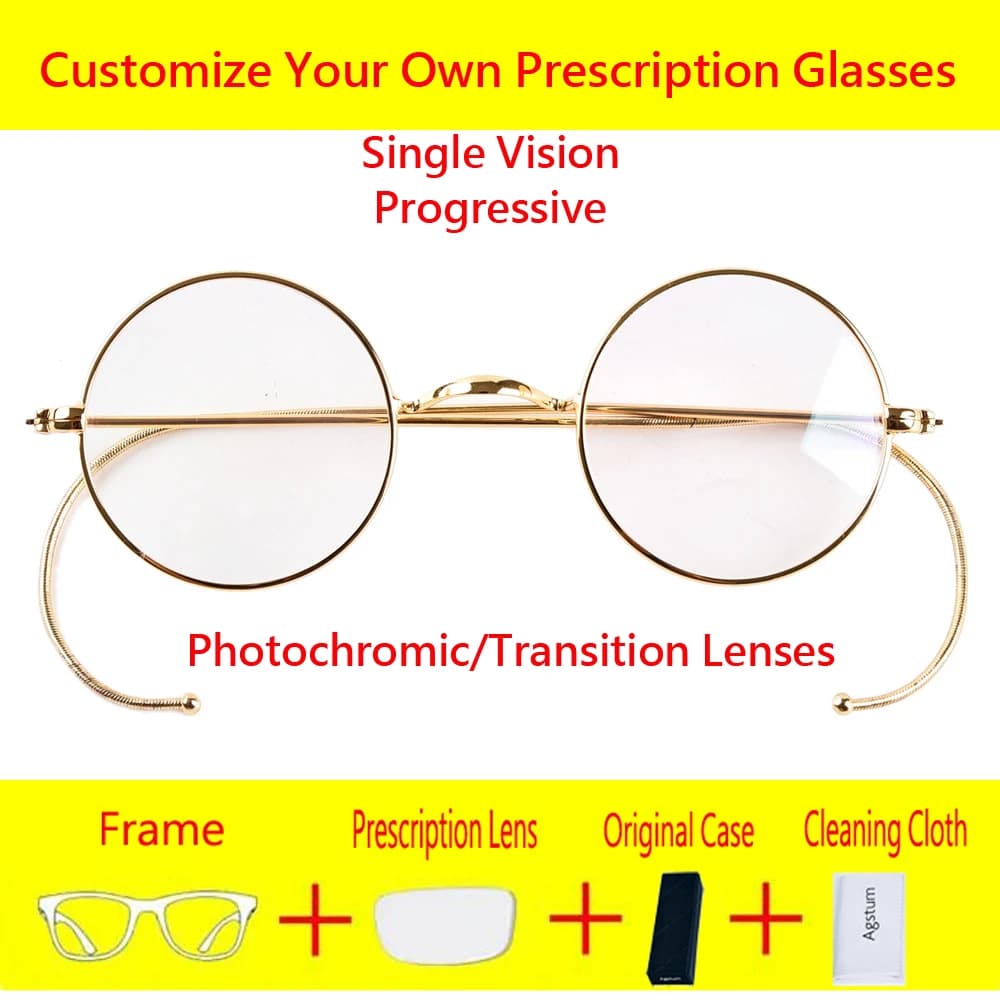 Customize Prescription Glasses - 39mm Small Round Wire Rim Glasses Frame with Photochromic Progressive Myopia Aspheric Lenses