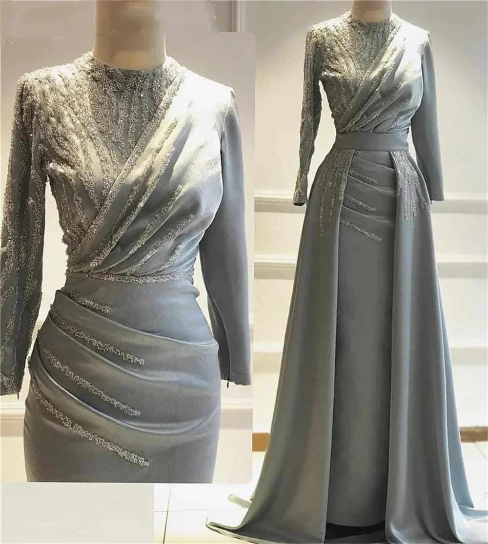 Customized High Crew Neckline Prom Dresses Sequined Sweep Train A-line Criss-Cross Full Sleeves Formal Evening Gowns