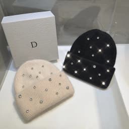 Luxury Rhinestone Beads Knitted Hat Korean Women Rabbit Fur Wool Skullies Cap Winter Fashion Thickened Warm Bonnet Beaanies