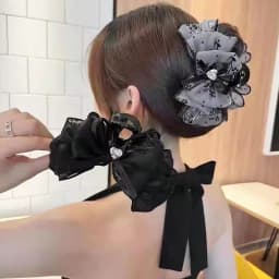 1/2pcs Women's Multi-Color Rhinestone Heart Embellishment Mesh Bow Hair Clip Double-Sided Bubble Grip Clip Fluffy Hair Claw