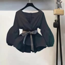 Women Elegant V-Neck Stripe Lantern Sleeve Bow Belt Trend Slim Chiffon Shirt Top And Korean Ripped Jeans Office Lady Casual Suit