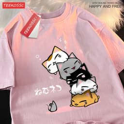 Cute Stacked Cats Sleeping Don'T See The Mouse Men Women T Shirts Oversized Loose T-Shirts Summer Cotton O-Neck Short Sleeve
