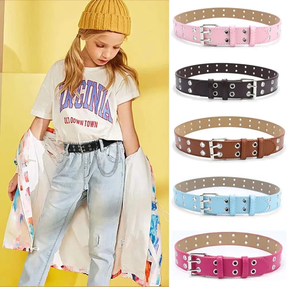 Children Punk PU Leather Belt Double Holes Metal Pin Buckle Waist Strap Casual Jeans Dress Decoration Belt