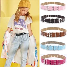 Children Punk PU Leather Belt Double Holes Metal Pin Buckle Waist Strap Casual Jeans Dress Decoration Belt
