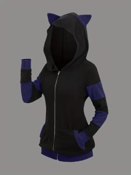 2024 European and American Fashion Women's New Thick Cat Ears in Autumn and Winter Long Color Matching Hooded Sweater Coat