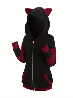 2024 European and American Fashion Women's New Thick Cat Ears in Autumn and Winter Long Color Matching Hooded Sweater Coat