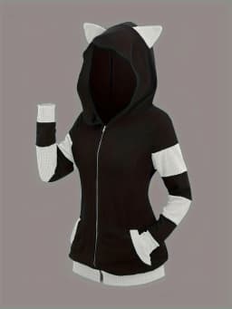 2024 European and American Fashion Women's New Thick Cat Ears in Autumn and Winter Long Color Matching Hooded Sweater Coat