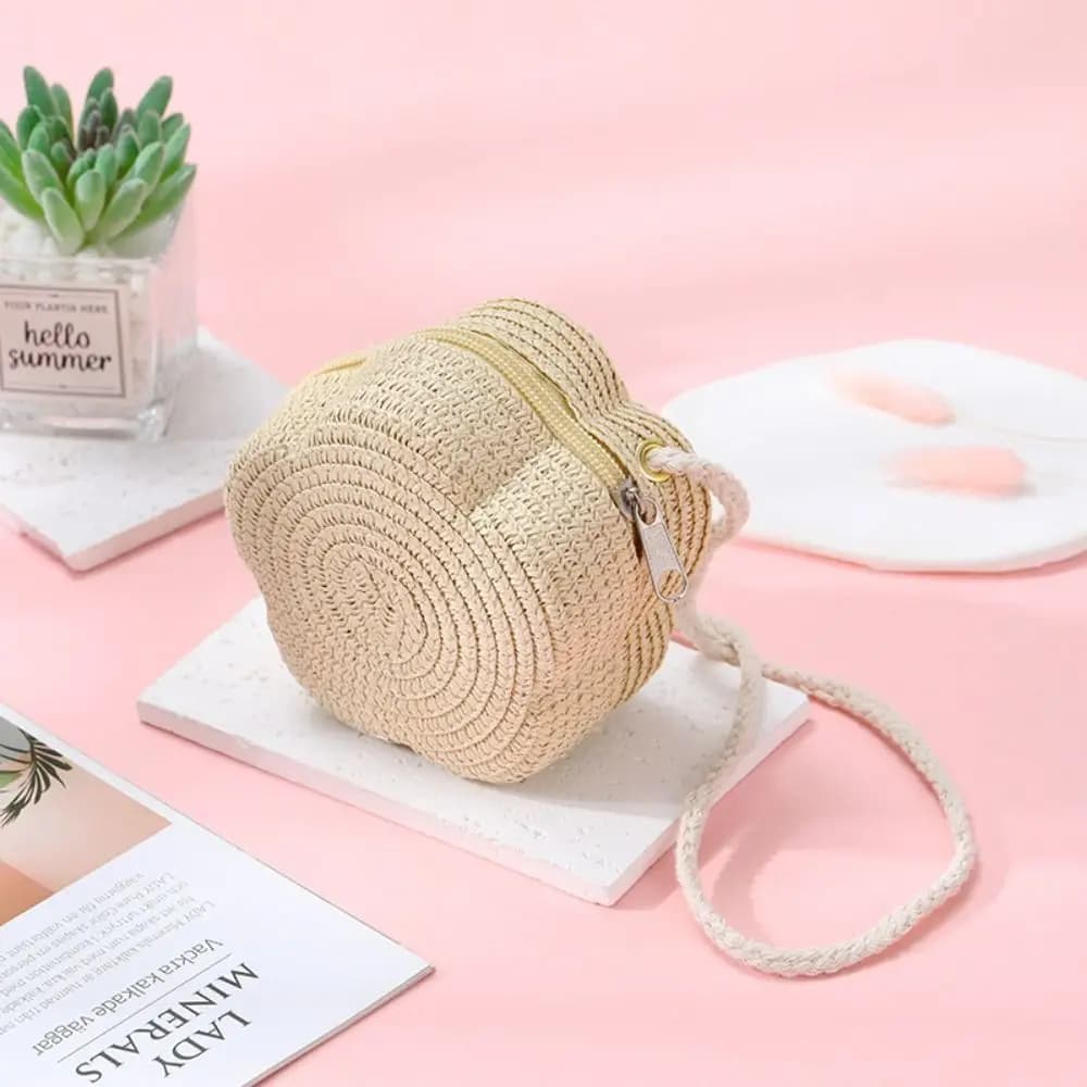 Children's Straw Shoulder Bags Beach Bag Coin Purse Kids Flower Woven Crossbody Bag