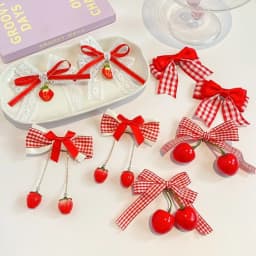 1pair Cute Red Cherry Hair Clip Barrettes Headwear Headflower Strawberry Side Hairpins Cloth Bow Bow Hairpins Girls
