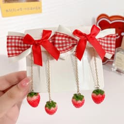 1pair Cute Red Cherry Hair Clip Barrettes Headwear Headflower Strawberry Side Hairpins Cloth Bow Bow Hairpins Girls