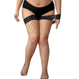 FREEAUCE Plus Size Hollow Mesh Fishnet Sexy Over Knee Thigh High Socks Black Lace Anti-slip Stockings for Oversized Women 3XXXL