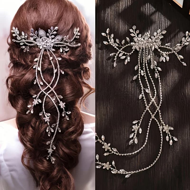 Luxury Bridal Hair Comb Long Chain Rhinestone Headress Gold Silver Flower Headband Wedding Jewelry Crystal Headpiece Ornaments
