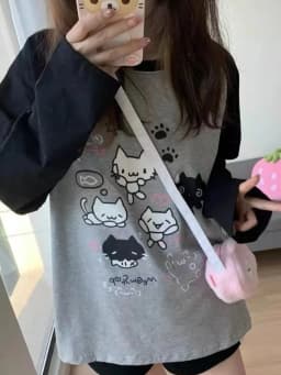 Japan Kawaii Sweet Women T-Shirt O-Neck Stripe Patchwork Long Sleeve Cartoon Print Loose Pullover Casual Cute Top Youth Vitality