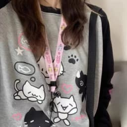 Japan Kawaii Sweet Women T-Shirt O-Neck Stripe Patchwork Long Sleeve Cartoon Print Loose Pullover Casual Cute Top Youth Vitality