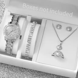 6PCS Fashion Full Diamond Women's Watch Gold Steel Band Analog Quartz Watches Jewelry Set(Without Box)