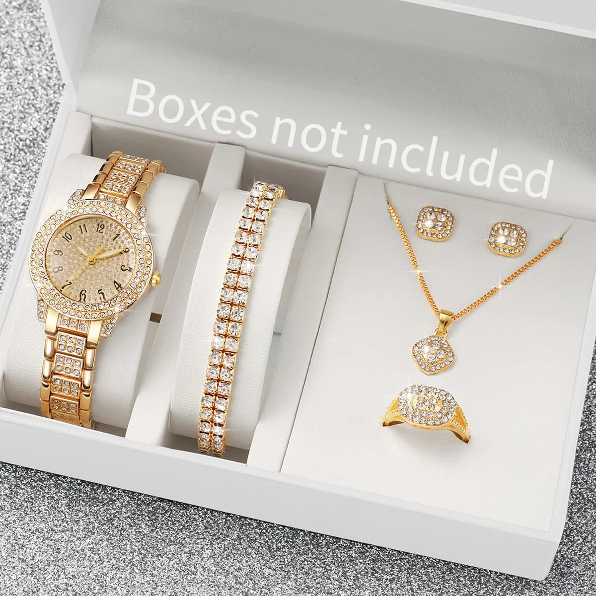 6PCS Fashion Full Diamond Women's Watch Gold Steel Band Analog Quartz Watches Jewelry Set(Without Box)