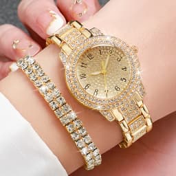 6PCS Fashion Full Diamond Women's Watch Gold Steel Band Analog Quartz Watches Jewelry Set(Without Box)