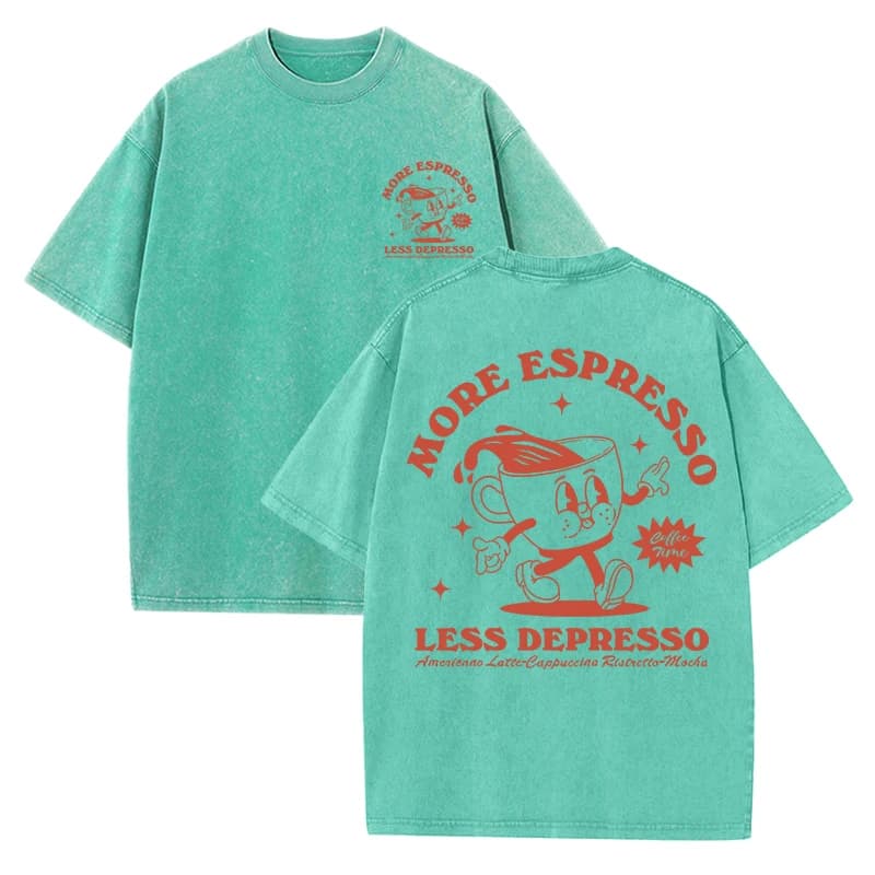 More Espresso Less Depresso Letter Cup Drink Print Washed Womens Tee Shirt Cotton T-Shirts New Breathable Clothes All-Match Top