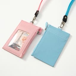 PU Leather Zipper Card Cover Bag ID Tag Bus Pass Card Cover Case Coin Purse Business Card Case with Neck Lanyard