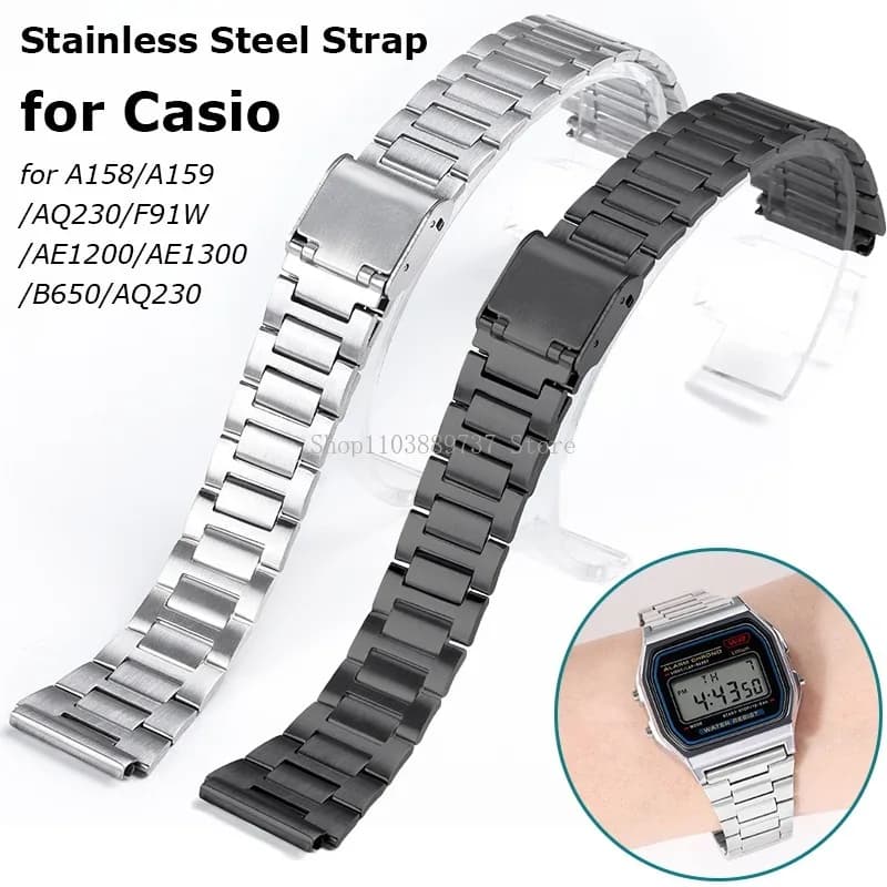 for Casio Stainless Steel Strap 18mm Metal Watchband for A158/A159/AQ230/F91W/AE1200/AE1300/B650/AQ230 Square Bracelet Wristbelt