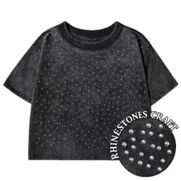 Solid Slim Washed T-Shirt Female Rhinestone Craft Cotton Streetwear Casual Sport Short Sleeve Cool Retro Crop Clothing For Women