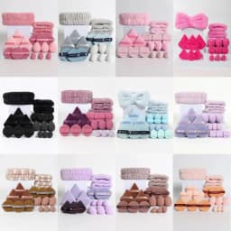 18 Piece Headband Set. 1 Hair Band & 2 Wrist Bands & 3 Make-Up Sponges & 3 Mini Square Air Cushions & 3 Triangular Powder Puff &