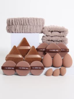 18 Piece Headband Set. 1 Hair Band & 2 Wrist Bands & 3 Make-Up Sponges & 3 Mini Square Air Cushions & 3 Triangular Powder Puff &