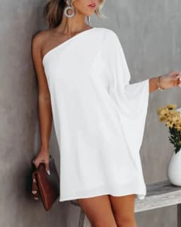 Summer Commuter Women's S-2XL Size Dress One Line Diagonal Neck Off Shoulder Solid Color and Printed Metal Strap Bat Sleeve